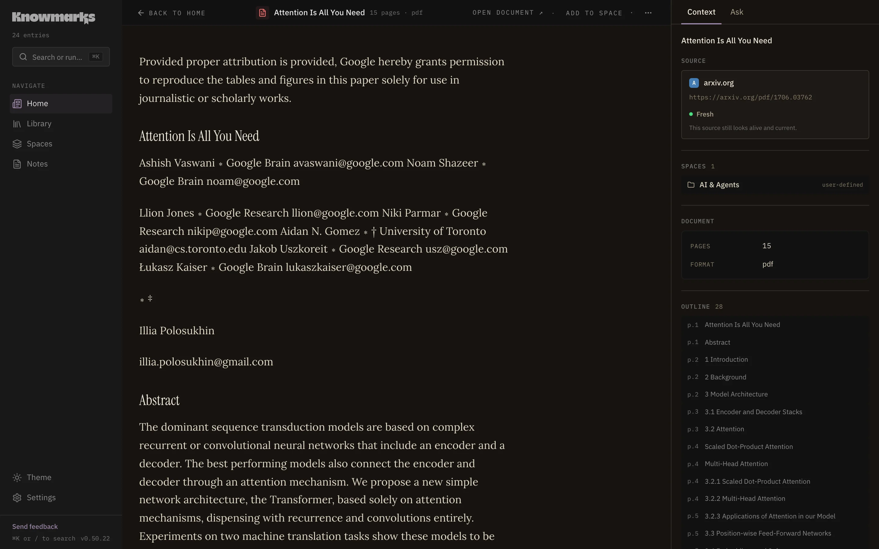PDFs & papers render view in the Knowmarks reader